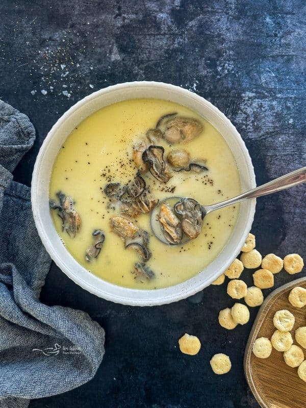 A spoonful of oyster stew.