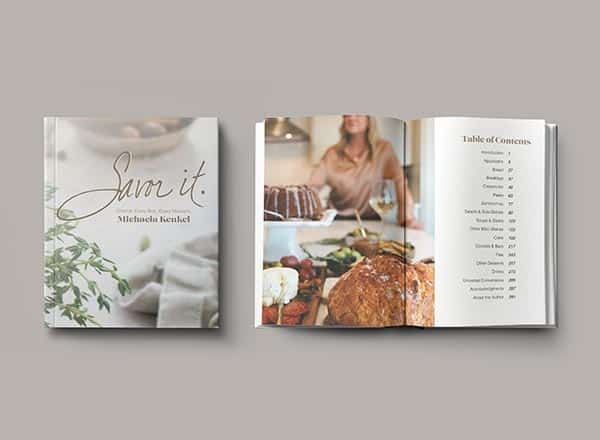 Photo of Savor it. cookbook. opened to the table of contents.