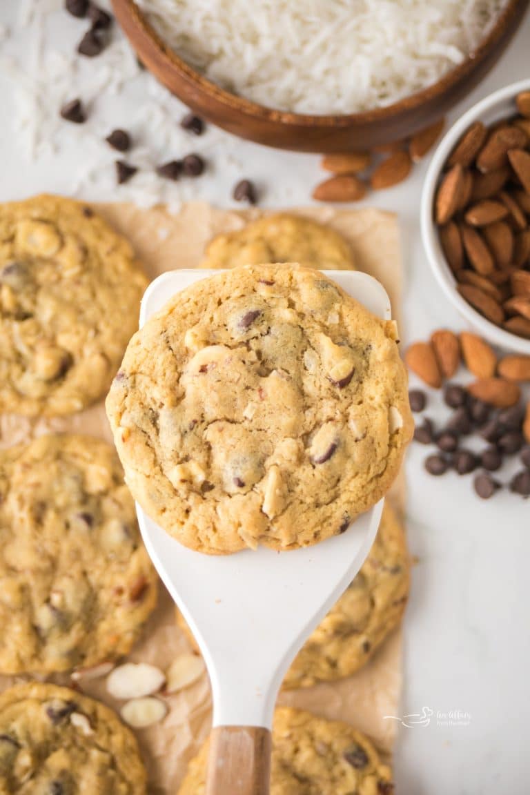 An Almond Joy Cookie on a spatula