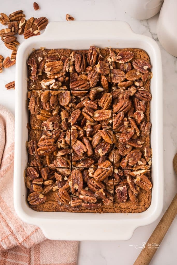 Pecan Pie Blondies in the baking dish before cut into squares.