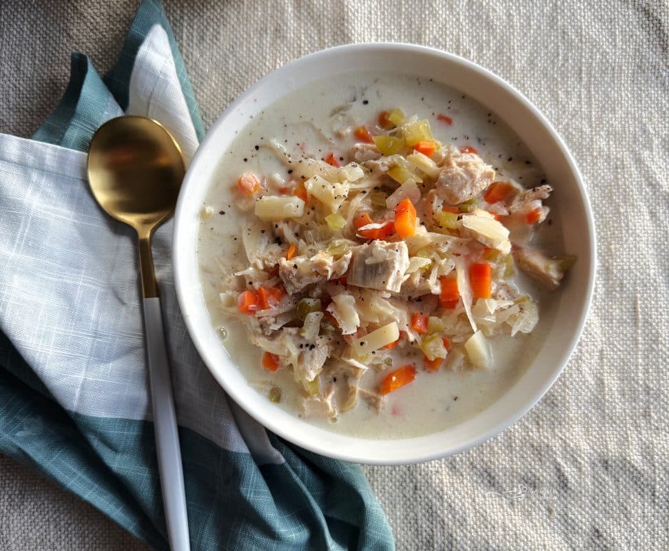 Close up of Slow Cooker Creamy Chicken & Sauerkraut Soup