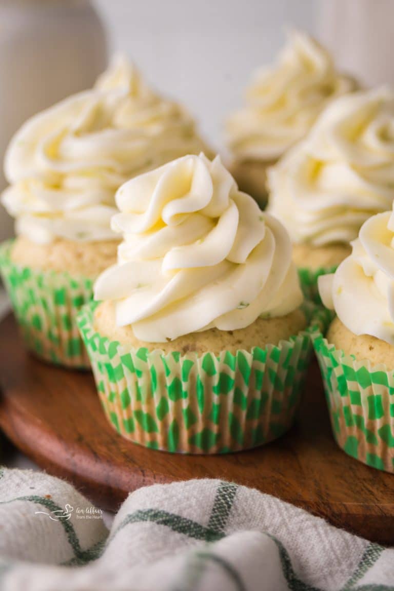 Close up of Key Lime cupcakes on a serving platter.