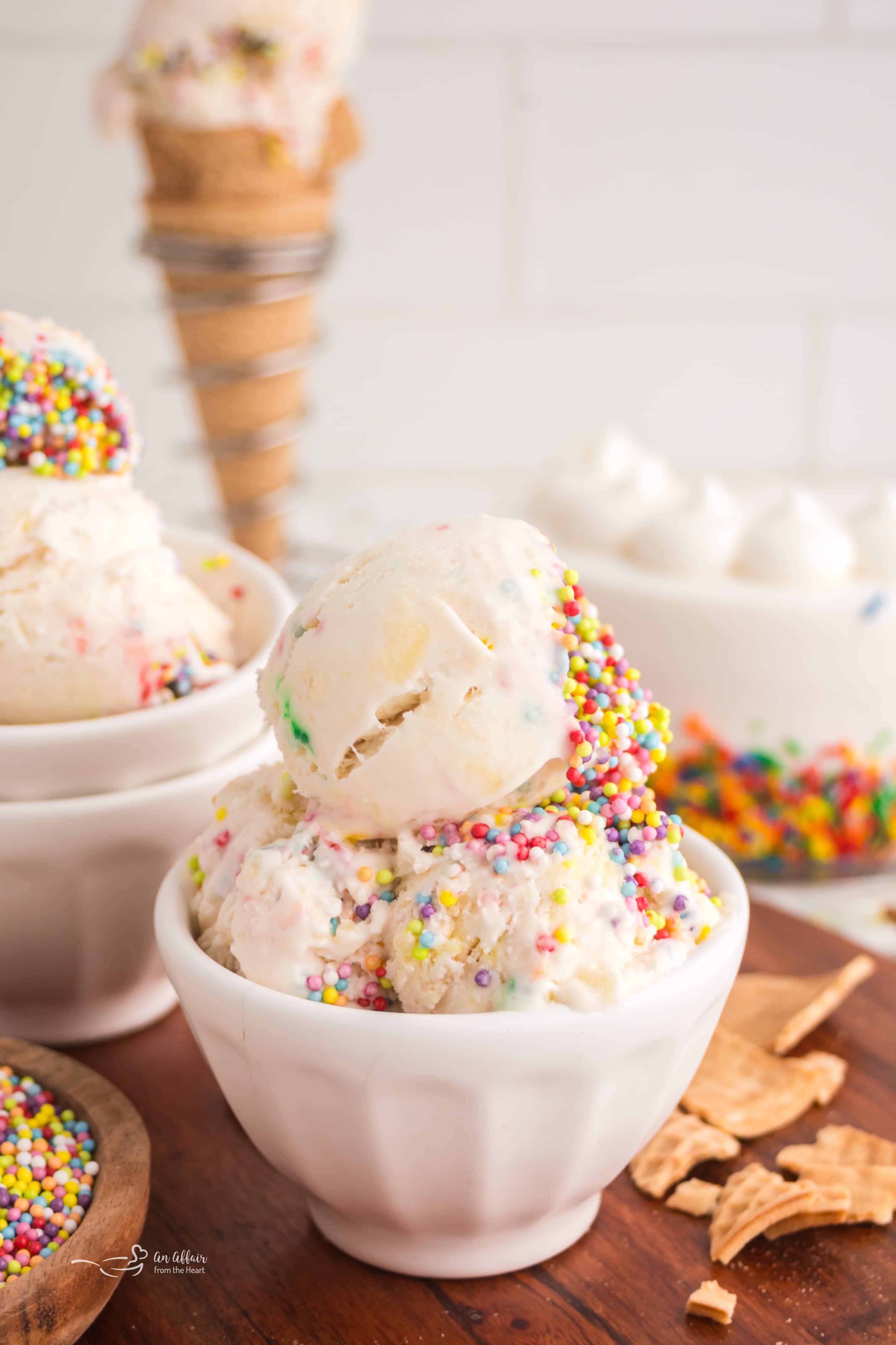 Dot Cake Ice Cream scoops in a white ice cream dish.